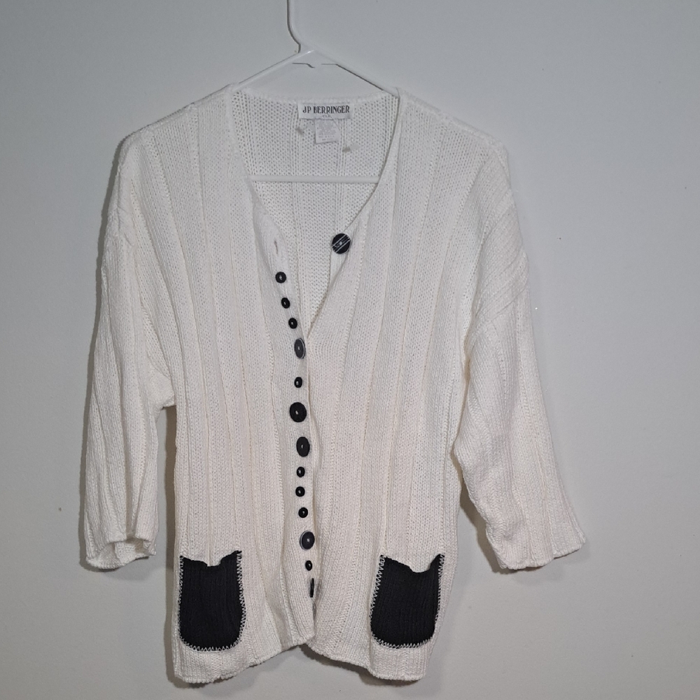 Chic White Cardigan with Black Button Details